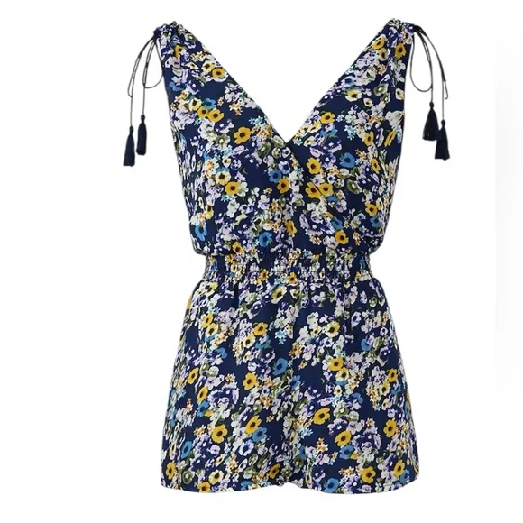 Cupcakes & Cashmere Navy Floral Shoulder Tie Meadow Romper Romantic Feminine - Picture 3 of 15